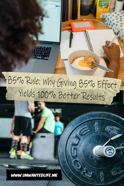 The picture is split in two, with the top image being of a Black woman working at their laptop while eating breakfast. The bottom image being of a closeup of weight in a gym, with men in the background. The two images are separated by the article title - 85% Rule: Why Giving 85% Effort Yields 100% Better Results