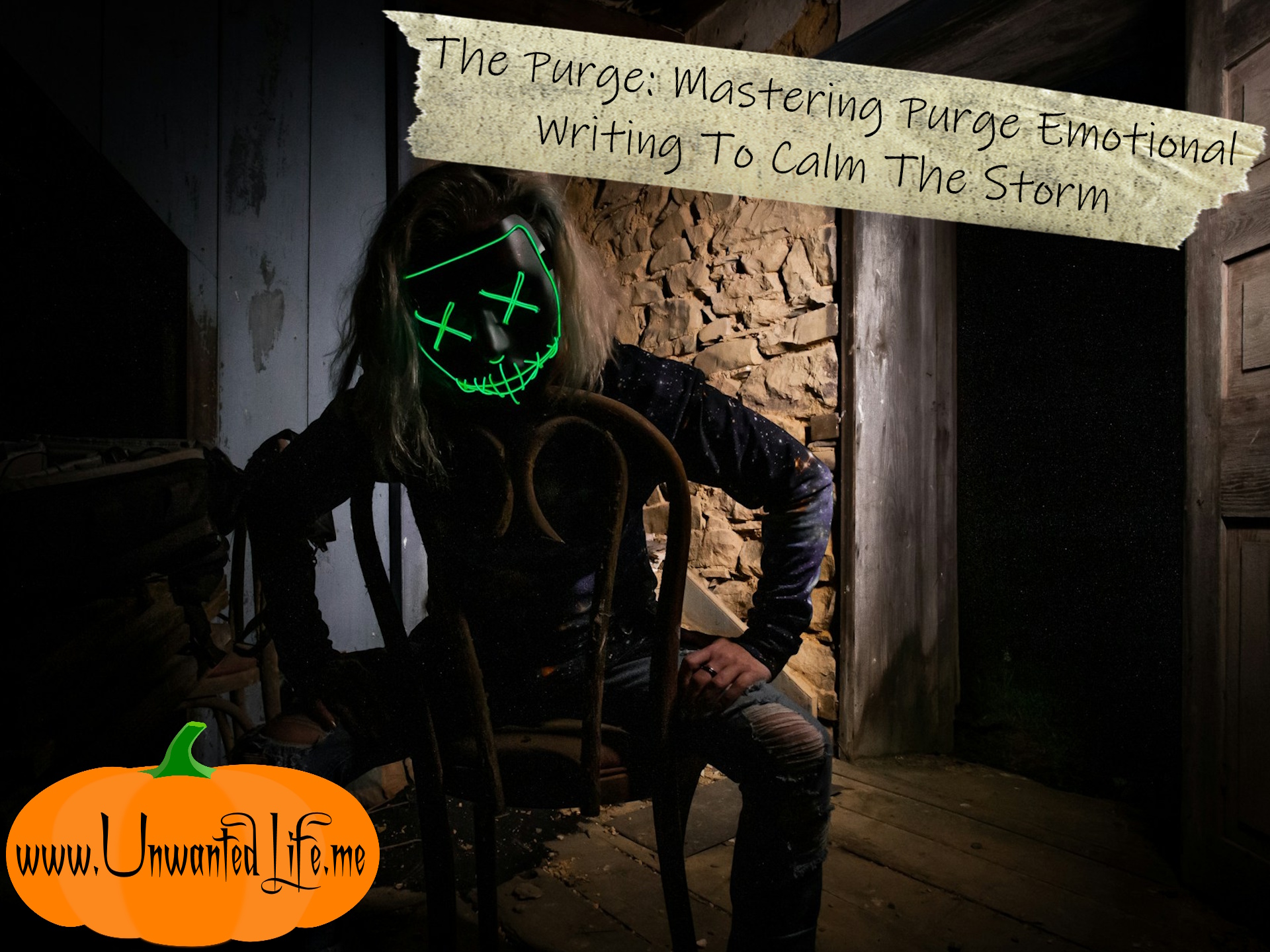 A photo of someone sitting down in an abandoned build wearing the iconic Purge Mask to present the topic of the article - The Purge: Mastering Purge Emotional Writing To Calm The Storm