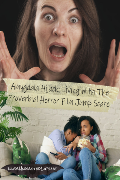 The picture is split in two, with the top image being of a White woman doing a fake scary expression. The bottom image being of two Black women scared on the sofa as they watch a horror movie. The two images are separated by the article title - Amygdala Hijack: Living With The Proverbial Horror Film Jump Scare