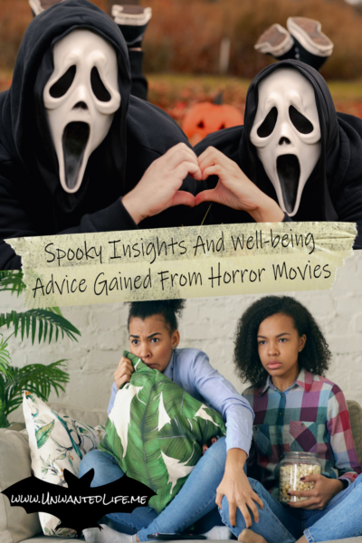 The picture is split in two, with the top image being of a two people in a Scream mask laying in the park and making a heart shape by combining their hands. The bottom image being of two Black women watching a horror movie. The two images are separated by the article title - Spooky Insights And Well-being Advice Gained From Horror Movies